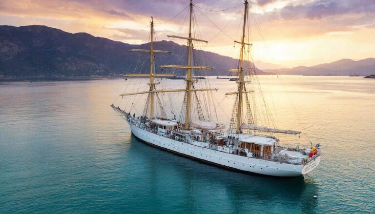 Величественный парусный корабль в спокойной гавани на закате.