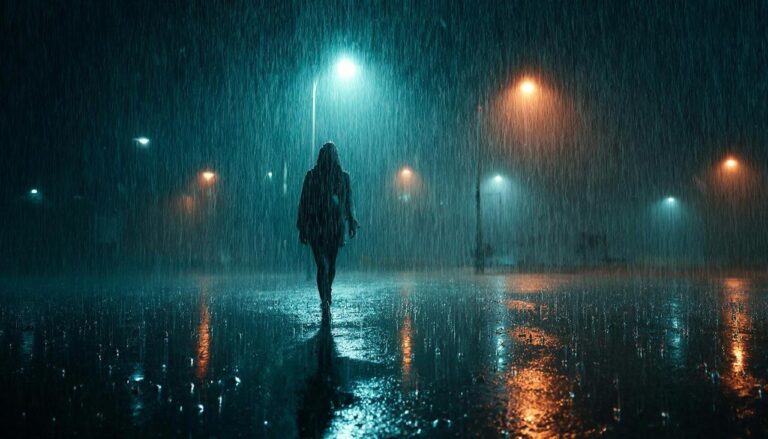 Магический образ дождя в городе: человек идет сквозь поток воды под светом фонарей.