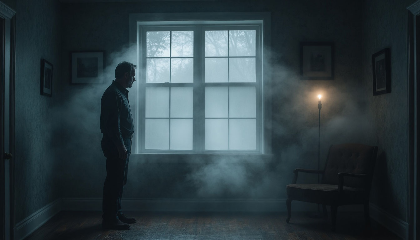 Отчим в таинственной комнате с тенями и туманом за окном, мистический образ из сна