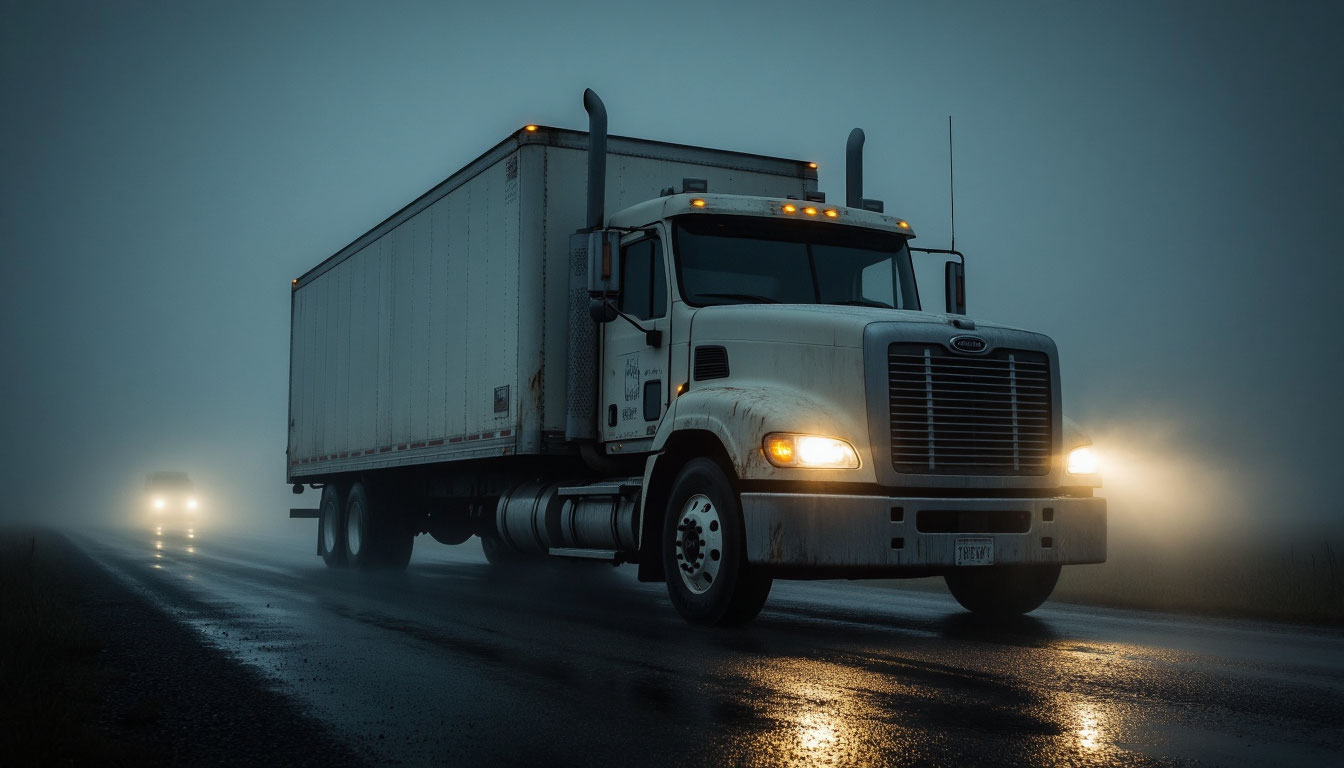 Фура на ночной дороге в тумане, мистическая атмосфера, символ сна о грузовике