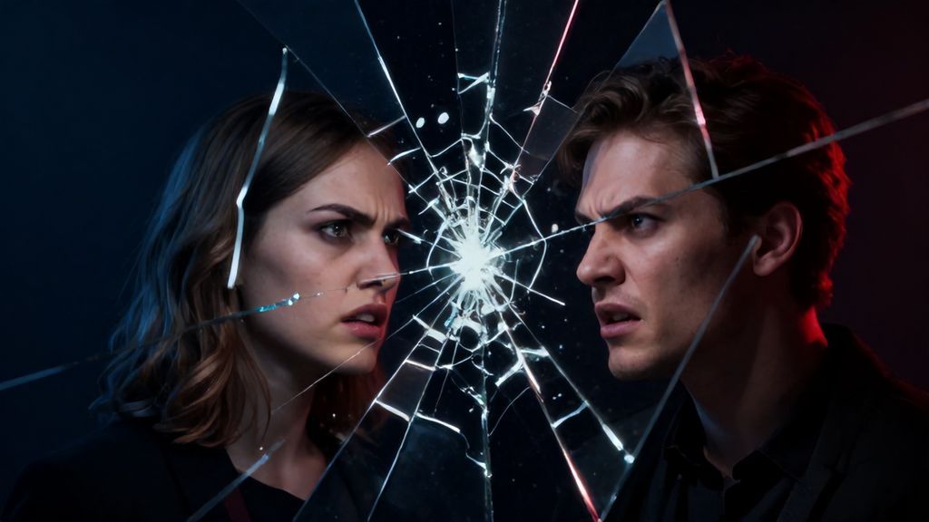 Разбитое зеркало с отражением конфликтующей пары символ ссоры с прошлым.