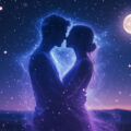 Два прозрачных силуэта обнимаются на фоне звездного неба символ сна.