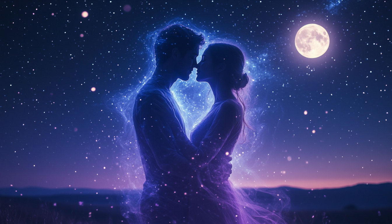 Два прозрачных силуэта обнимаются на фоне звездного неба символ сна.