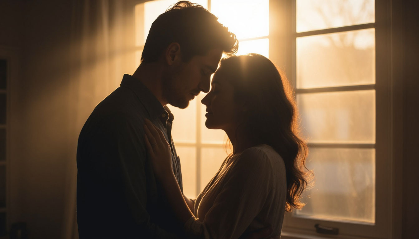 Мужчина и женщина в нежных объятиях в свете заката как символ ностальгии