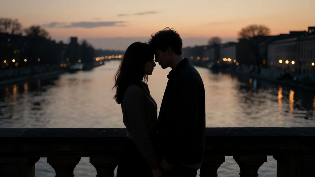 Романтическое примирение мужчины и женщины на мосту в сумерках