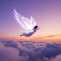 Человек парит в небе над облаками с магическими крыльями.