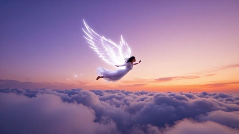 Человек парит в небе над облаками с магическими крыльями.