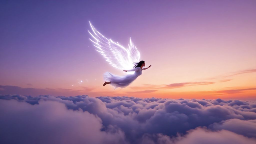 Человек парит в небе над облаками с магическими крыльями.