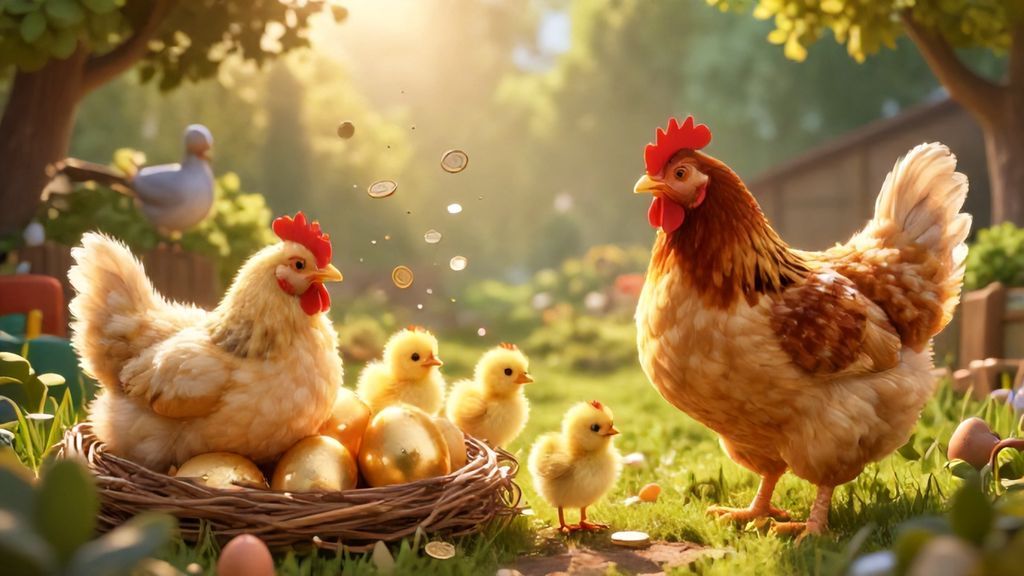 Куры во сне несут золотые яйца в уютном курятнике с цыплятами.