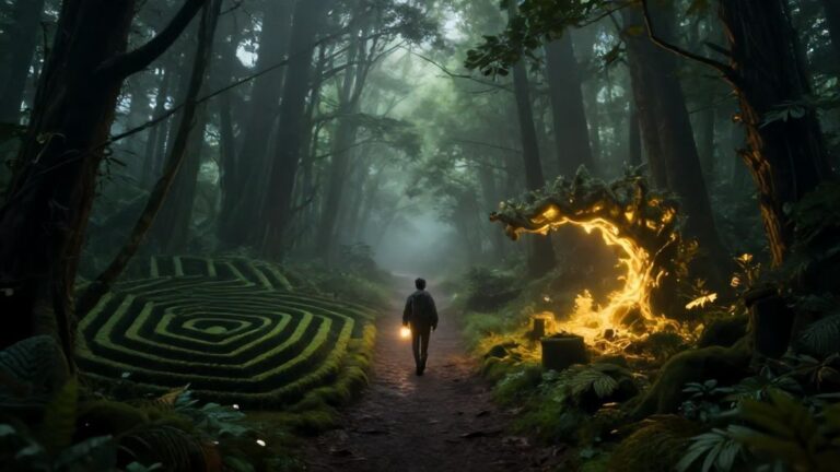 Таинственный лес во сне: развилка пути к лабиринту и сокровищам.