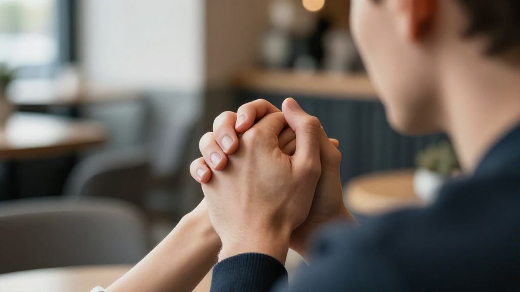 Мужчина держит за руку другую женщину в кафе