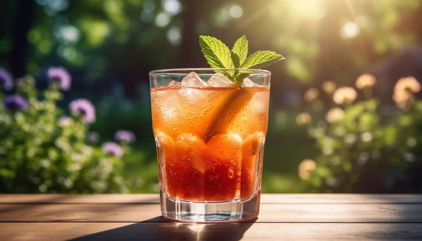 Стакан свежевыжатого яркого сока в лучах солнца как символ жизненной энергии