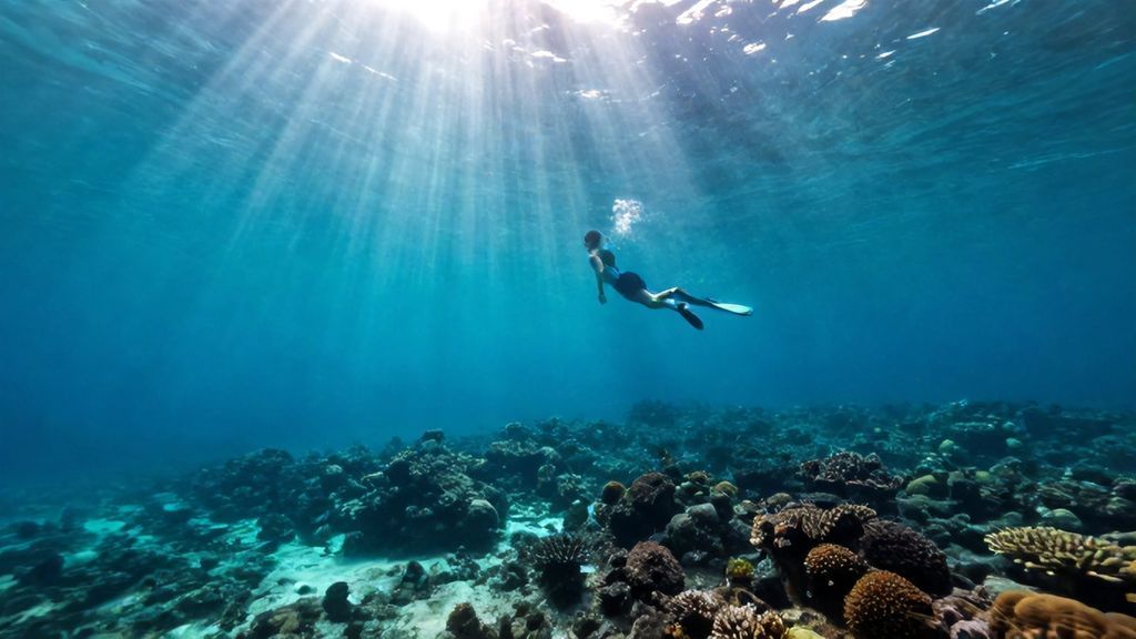 Дайвер погружается на глубину прозрачного океана к коралловому рифу