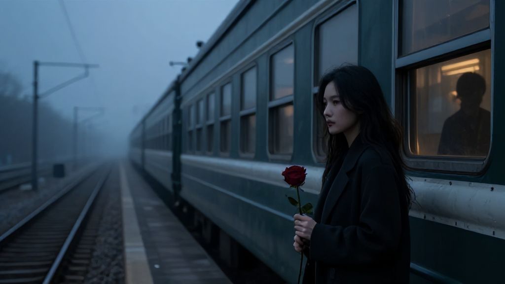 Женщина на туманном перроне провожает уходящий поезд