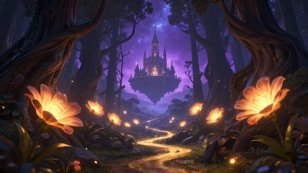 Магический лес со светящимися цветами и парящим замком в сказочном сне