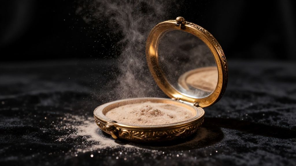 Старинная пудреница и облако пудры в луче света