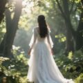 Загадочная невеста в белом платье в солнечном лесу