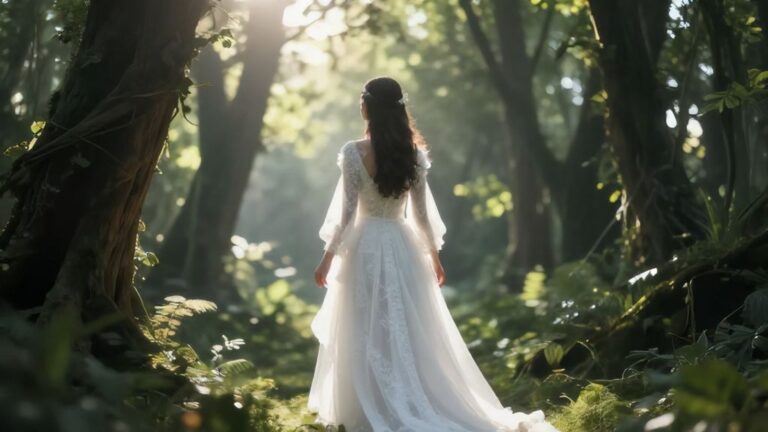 Загадочная невеста в белом платье в солнечном лесу