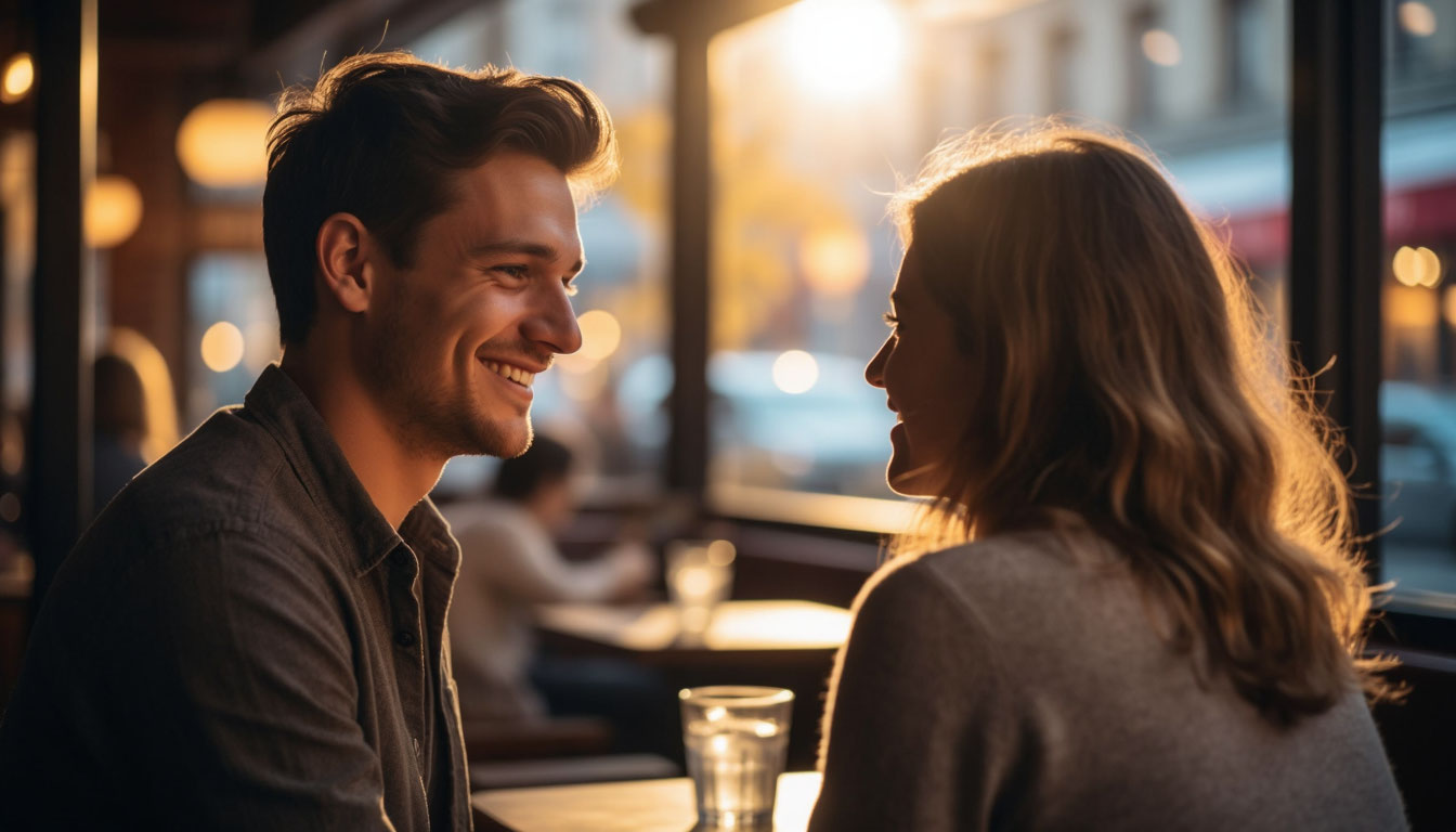 Мужчина искренне улыбается женщине в уютном кафе на закате