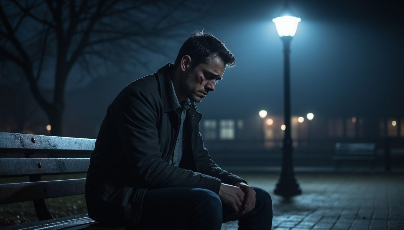 Мужчина плачет ночью на скамейке отражая грусть из сна