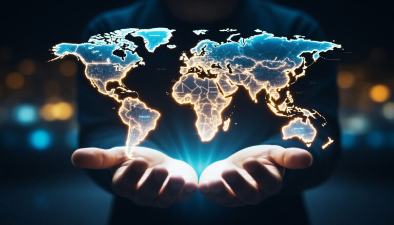 Светящаяся карта мира в руках человека символ выбора пути.