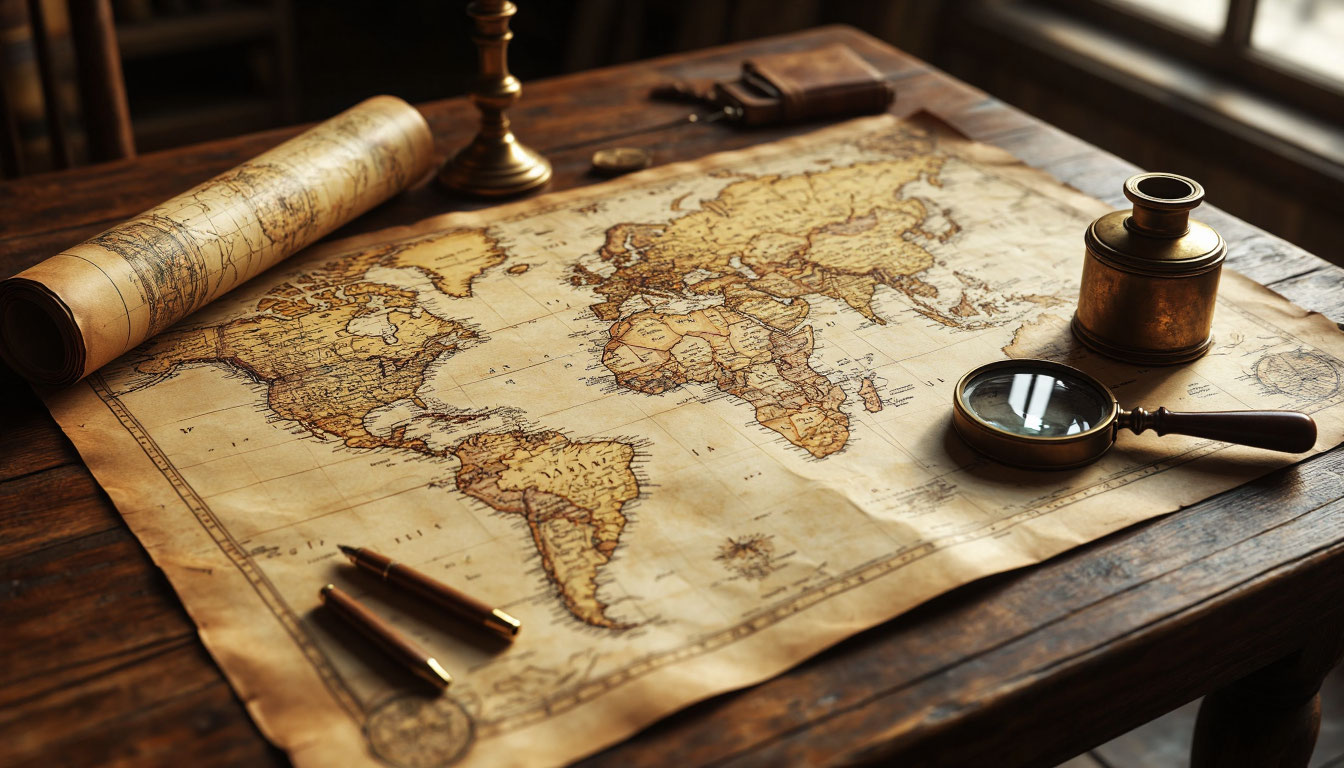 Старинная географическая карта с компасом и увеличительным стеклом на деревянном столе