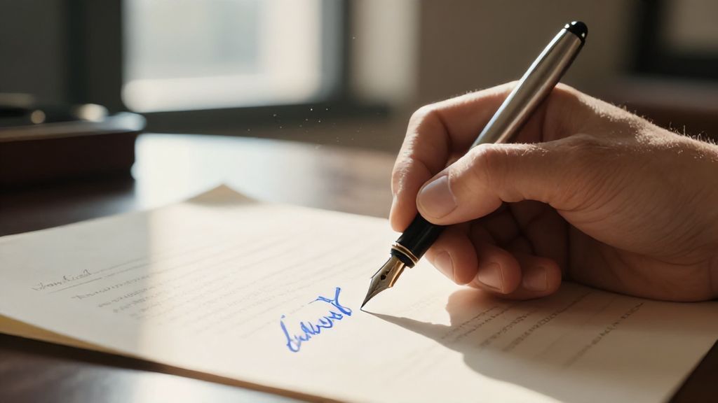 рука подписывает важный документ перьевой ручкой