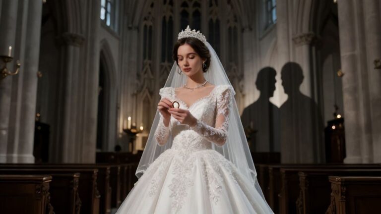 невеста в белом платье и тень мужчины в храме