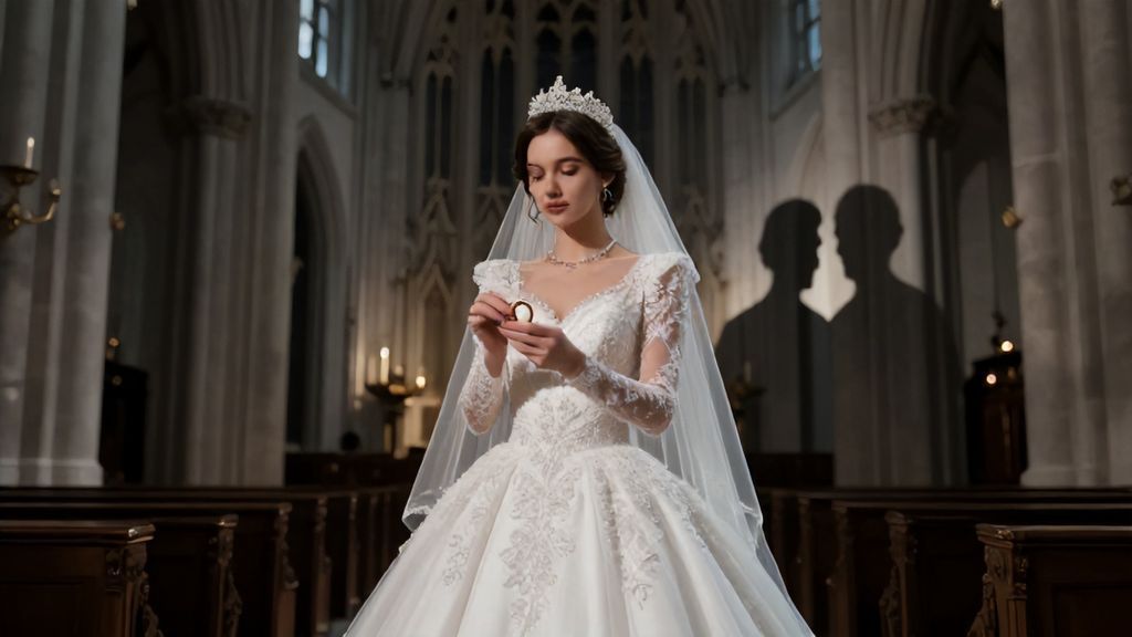 невеста в белом платье и тень мужчины в храме