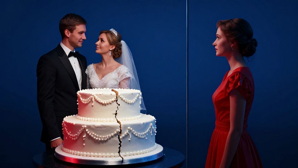 свадебный торт разделенный пополам и одинокая женщина