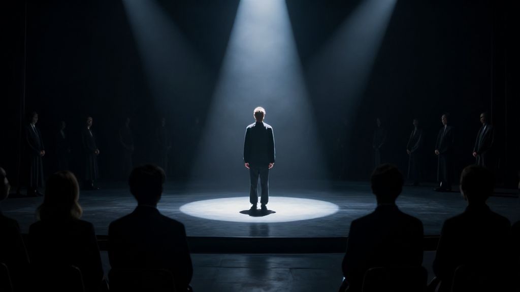 человек стоит под светом прожектора перед судящей толпой