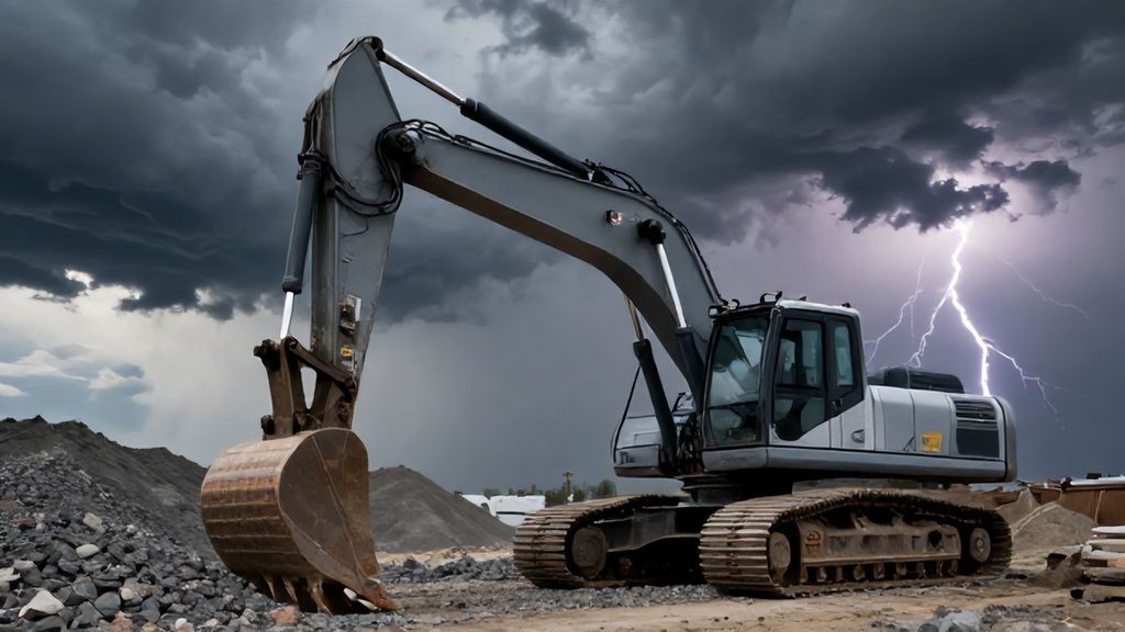 Мощный современный экскаватор на фоне грозового неба