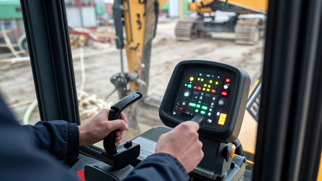 Управление экскаватором вид из кабины на рычаги