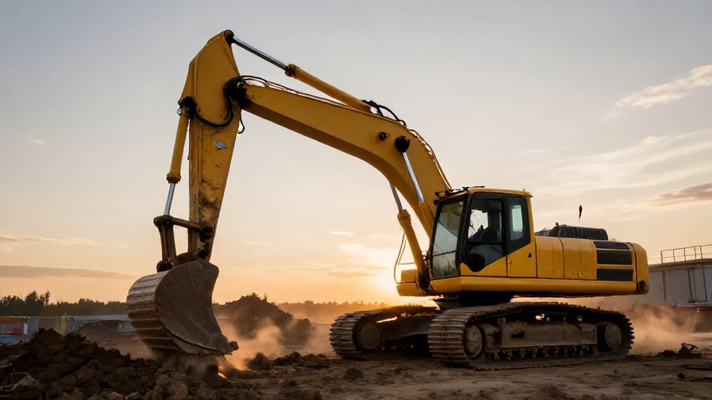 Желтый экскаватор копает землю на стройке в лучах заката