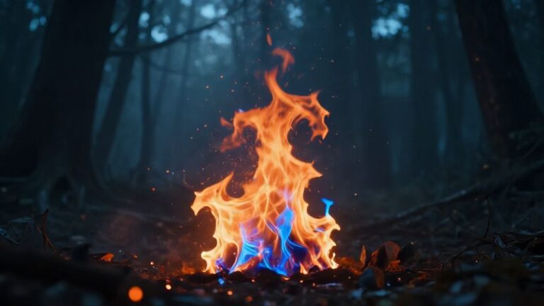 Мистическое пламя и искры в ночном лесу