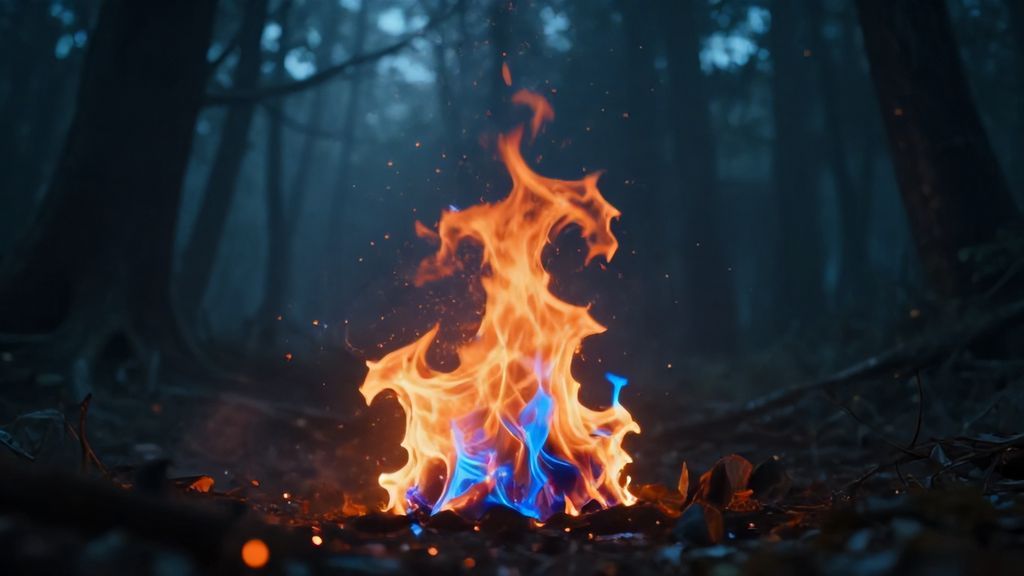 Мистическое пламя и искры в ночном лесу
