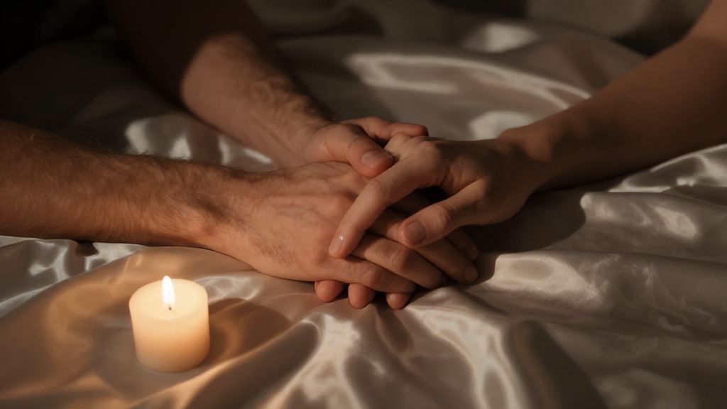 Переплетение рук влюбленных на шелковых простынях