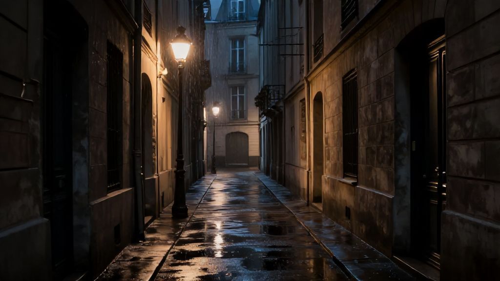 Ночная улица Парижа под дождем в свете фонарей