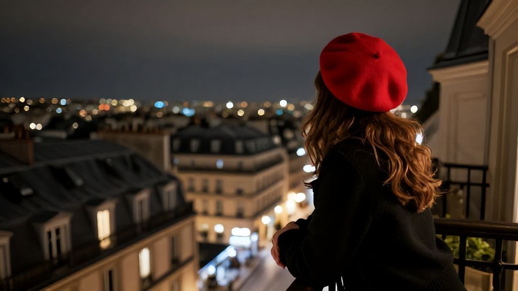 Девушка на балконе в ночном Париже