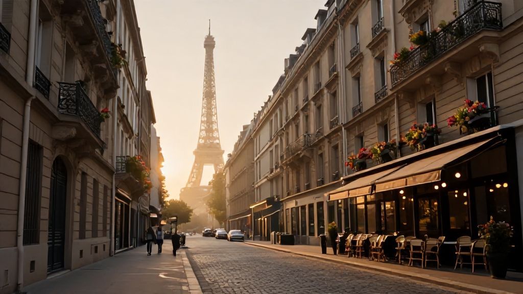 Вид на утренний Париж с Эйфелевой башней