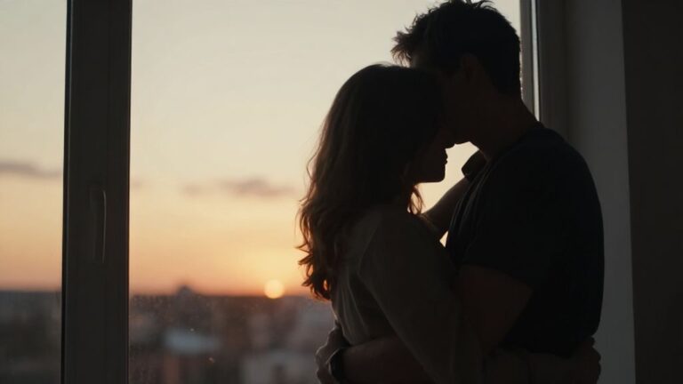 Объятия мужчины и женщины в лучах заката у окна