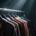 Вешалка с разнообразной одеждой в таинственном свете