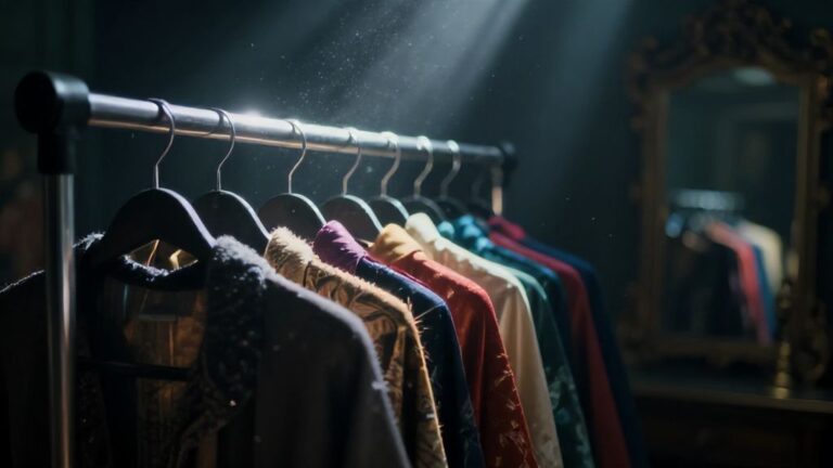 Вешалка с разнообразной одеждой в таинственном свете