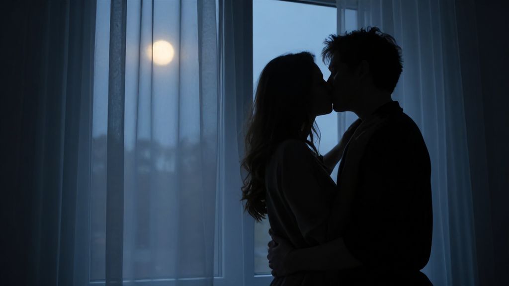 Силуэты влюбленных целуются у окна в сумерках