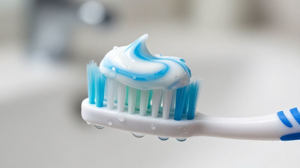 Свежая зубная паста на щетке крупным планом