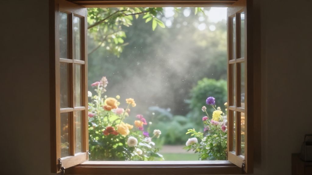 Раскрытое окно в цветущий сад в лучах утреннего солнца