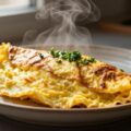 Пышный золотистый омлет с зеленью на тарелке