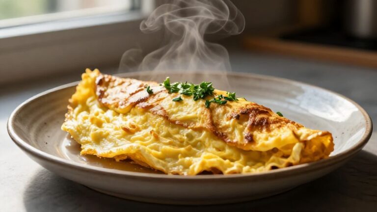 Пышный золотистый омлет с зеленью на тарелке