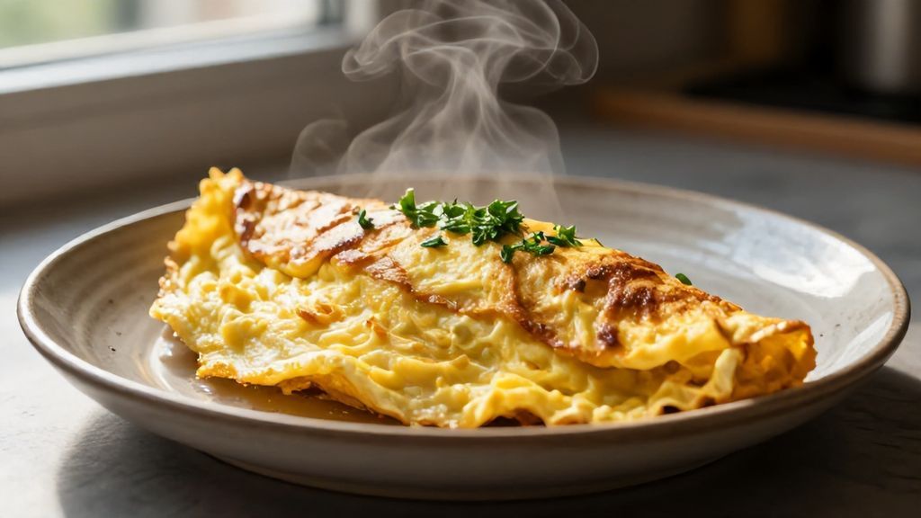 Пышный золотистый омлет с зеленью на тарелке