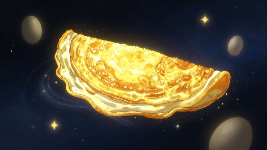 Сюрреалистичный образ омлета в космическом пространстве